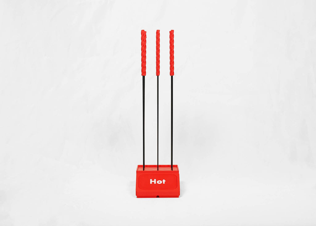 Three vertical black rods topped with red handles and a red base labeled 'Hot' in white text, set against a plain white background.
