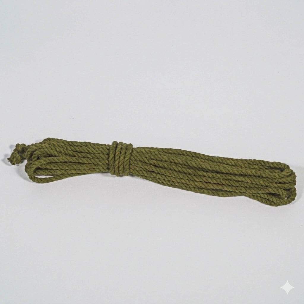 Coiled green cotton rope on a light gray background